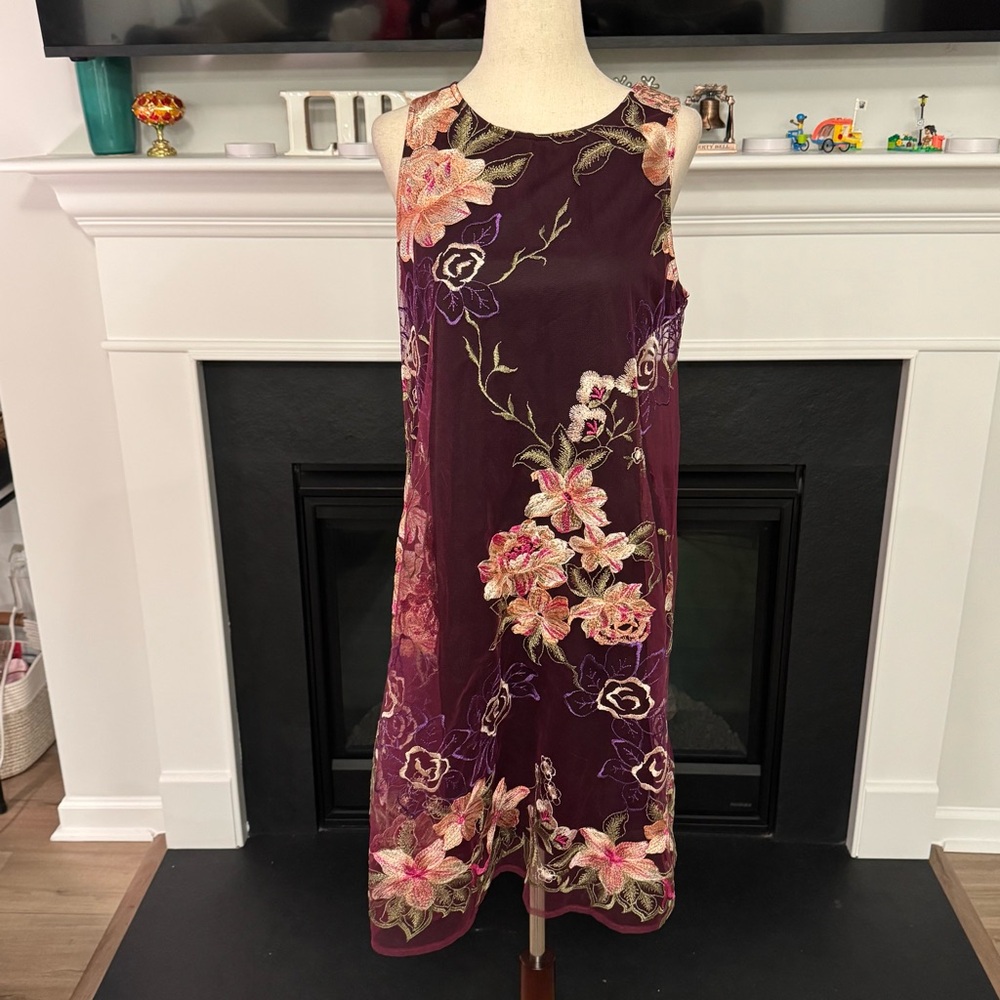 ICE Burgundy Floral Embroidered Chiffon Overlay Dress – Size M